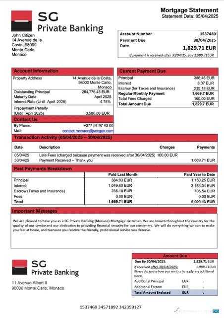Download Monaco SG Private Banking (Monaco) mortgage statement Word and PDF template Photoshop template